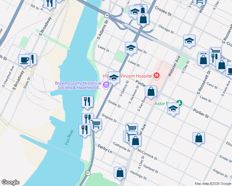 map of restaurants, bars, coffee shops, grocery stores, and more near 945 South Monroe Avenue in Green Bay