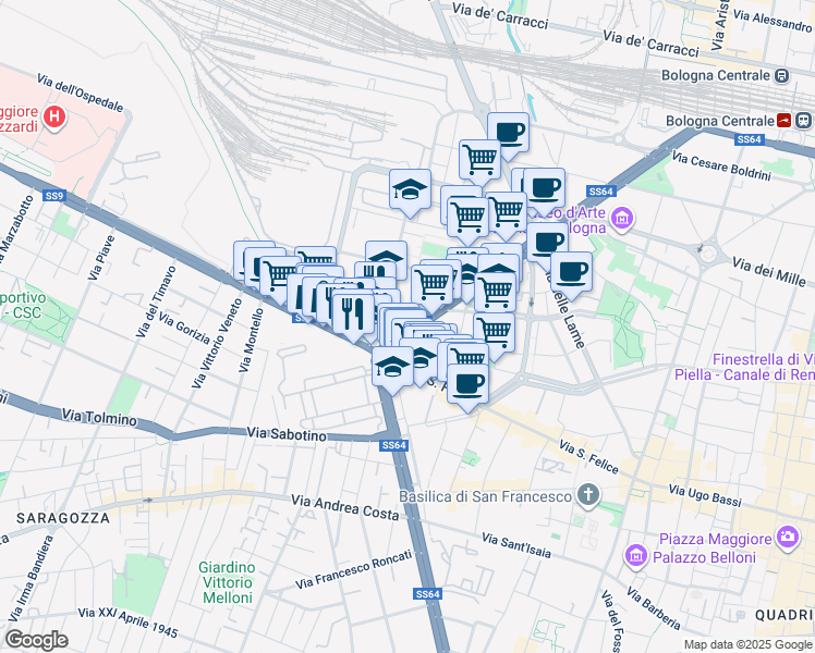 map of restaurants, bars, coffee shops, grocery stores, and more near 4 Viale Antonio Silvani in Bologna
