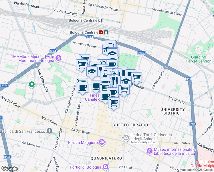 map of restaurants, bars, coffee shops, grocery stores, and more near 56 Via dell'Indipendenza in Bologna