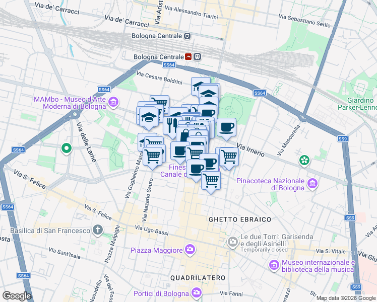 map of restaurants, bars, coffee shops, grocery stores, and more near 63-65 Via Galliera in Bologna