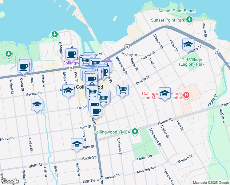 map of restaurants, bars, coffee shops, grocery stores, and more near 128 Saint Paul Street in Collingwood