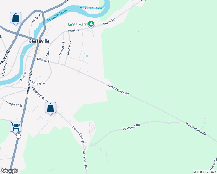 map of restaurants, bars, coffee shops, grocery stores, and more near Port Douglas Road in Keeseville