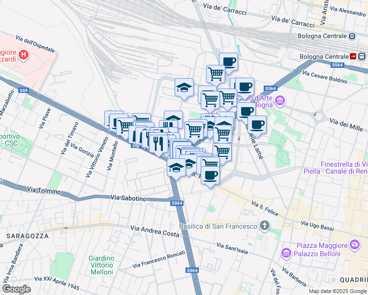 map of restaurants, bars, coffee shops, grocery stores, and more near 4 Viale Antonio Silvani in Bologna