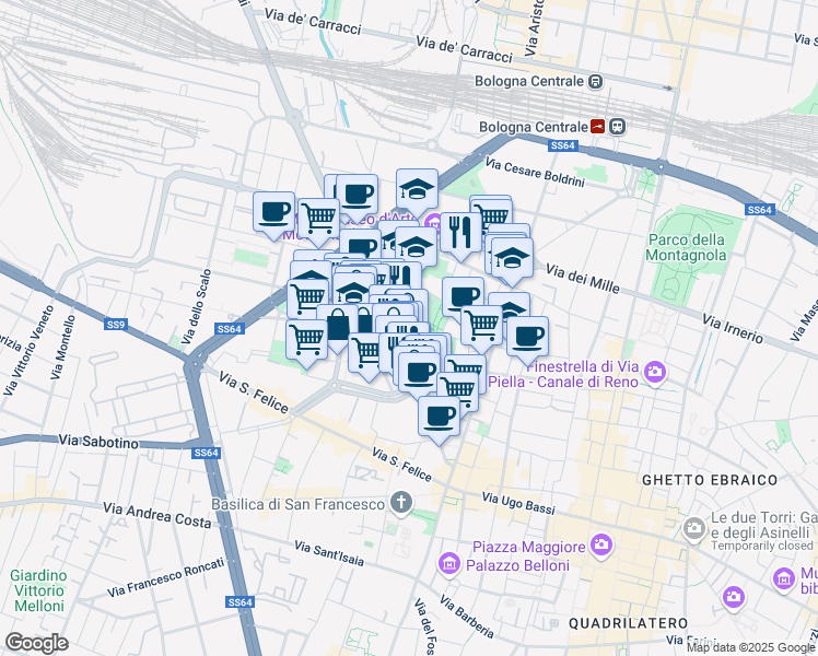 map of restaurants, bars, coffee shops, grocery stores, and more near 8 Via del Rondone in Bologna