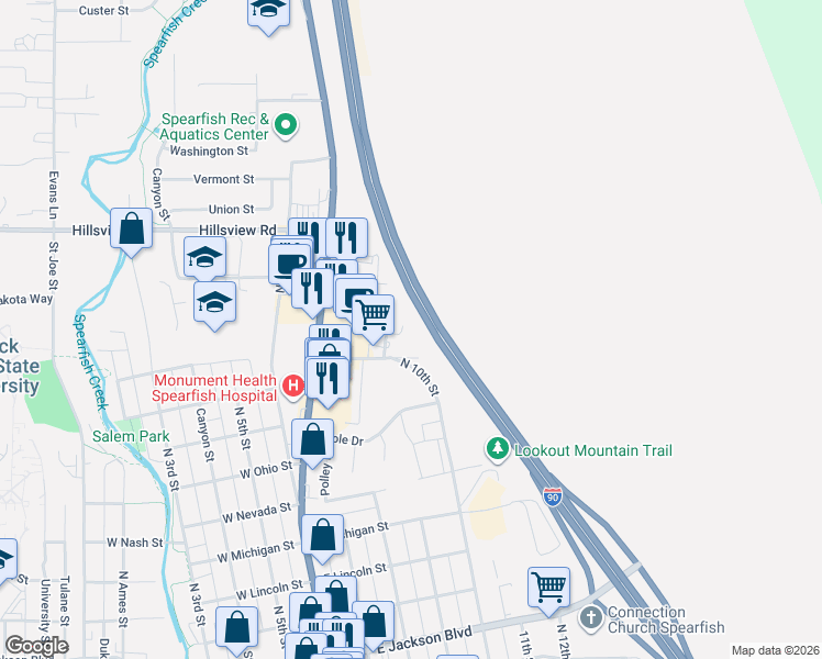 map of restaurants, bars, coffee shops, grocery stores, and more near 1720 Ryan Road in Spearfish