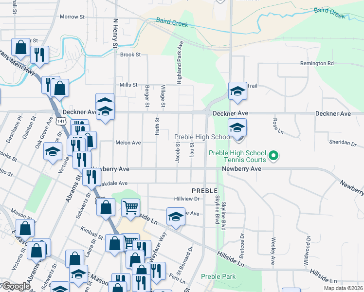 map of restaurants, bars, coffee shops, grocery stores, and more near 201 Jacob Street in Green Bay