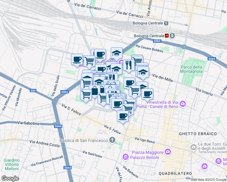 map of restaurants, bars, coffee shops, grocery stores, and more near 2-8 Via del Rondone in Bologna