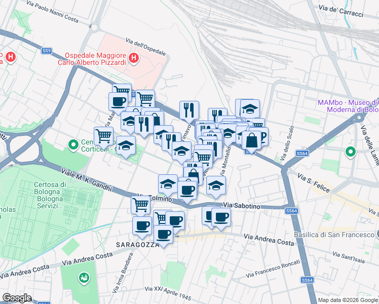 map of restaurants, bars, coffee shops, grocery stores, and more near 17 Via Gorizia in Bologna