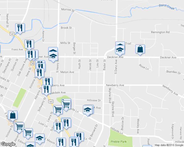 map of restaurants, bars, coffee shops, grocery stores, and more near 201 Jacob St in Green Bay