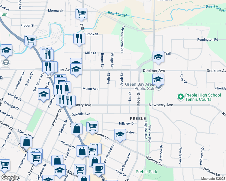 map of restaurants, bars, coffee shops, grocery stores, and more near 201 Huth Street in Green Bay