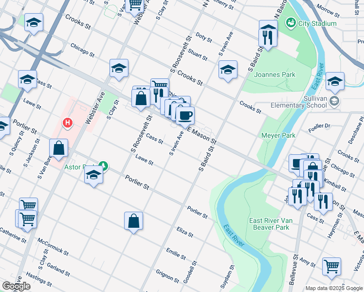 map of restaurants, bars, coffee shops, grocery stores, and more near 645 South Irwin Avenue in Green Bay
