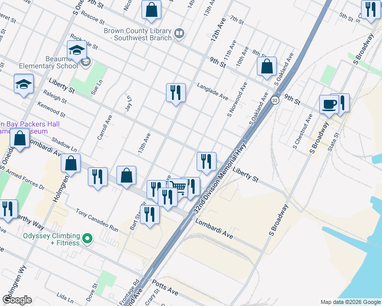 map of restaurants, bars, coffee shops, grocery stores, and more near 1704 10th Avenue in Green Bay