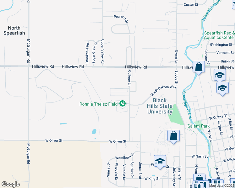 map of restaurants, bars, coffee shops, grocery stores, and more near 1230 Silverbrook Lane in Spearfish
