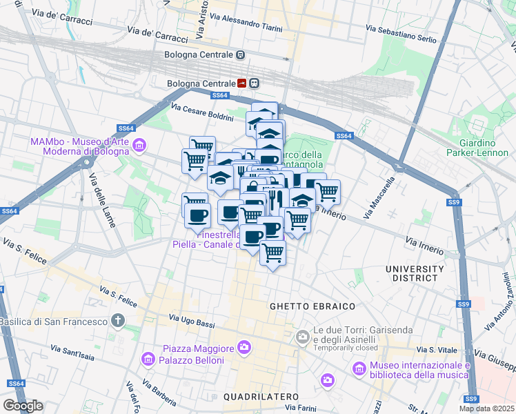 map of restaurants, bars, coffee shops, grocery stores, and more near 56 Via dell'Indipendenza in Bologna