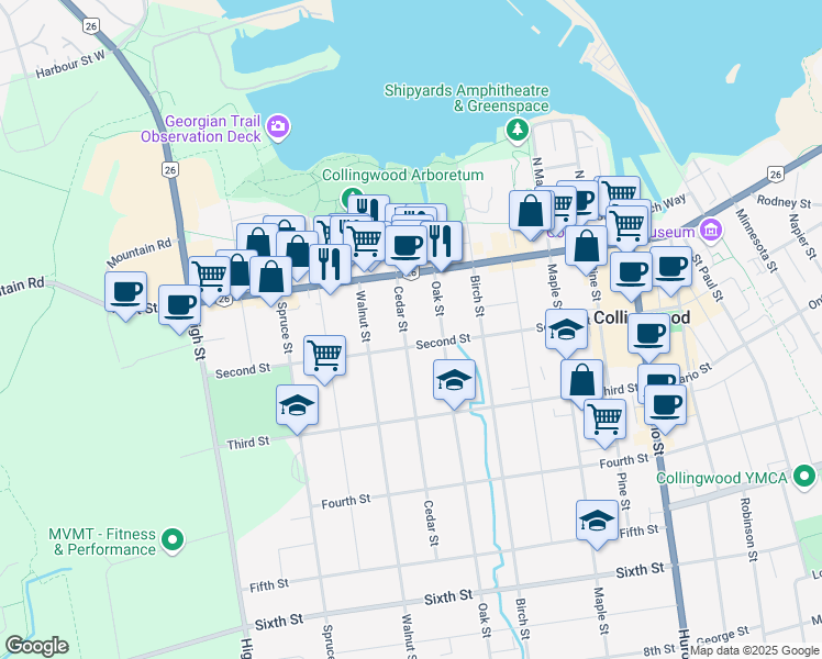 map of restaurants, bars, coffee shops, grocery stores, and more near 65 Cedar Street in Collingwood
