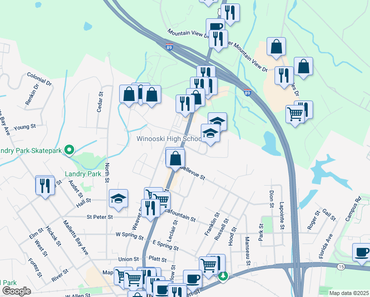 map of restaurants, bars, coffee shops, grocery stores, and more near 385 Main St in Winooski
