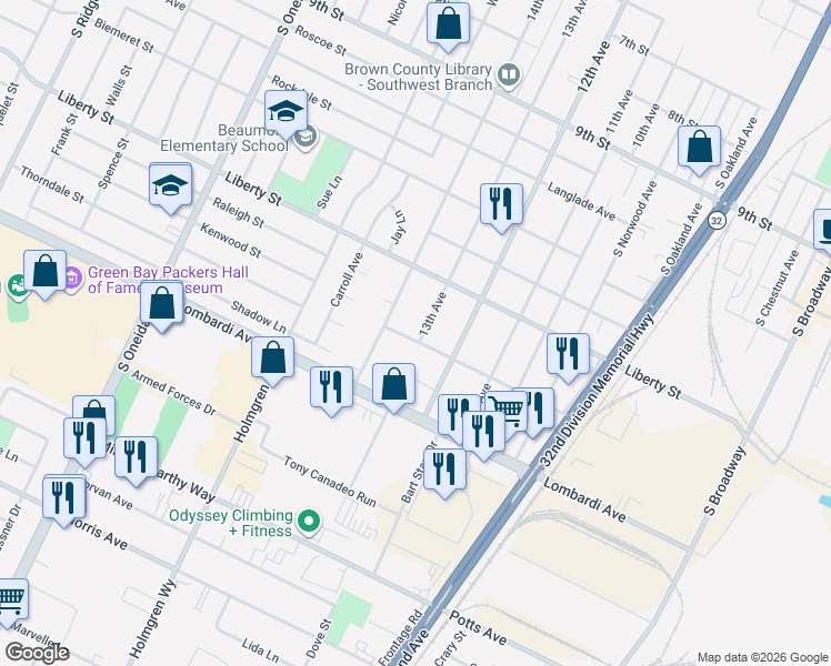 map of restaurants, bars, coffee shops, grocery stores, and more near 1744 13th Avenue in Green Bay
