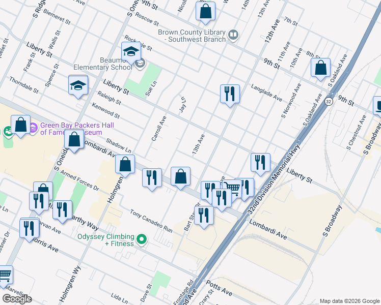 map of restaurants, bars, coffee shops, grocery stores, and more near 1744 13th Avenue in Green Bay