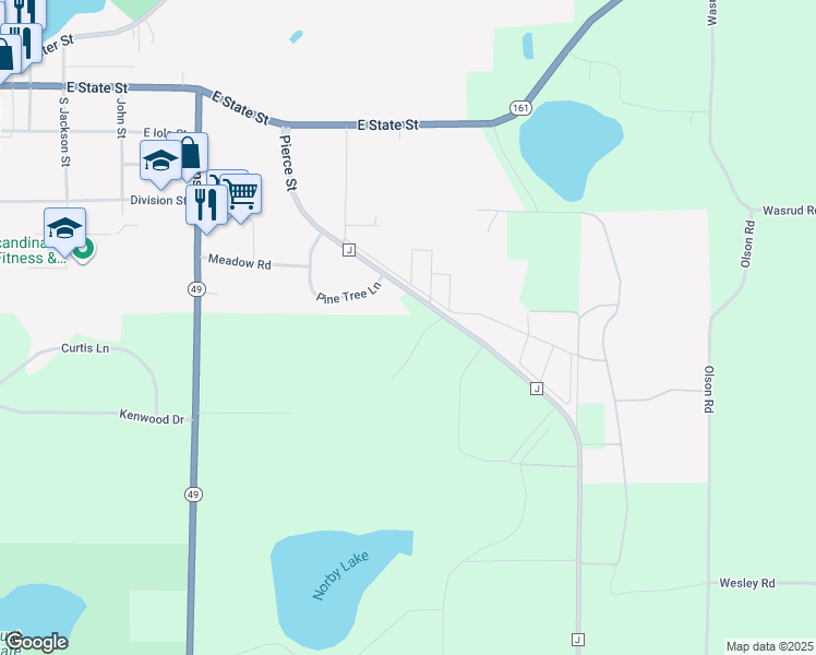 map of restaurants, bars, coffee shops, grocery stores, and more near N7161 Woodland Drive in Iola