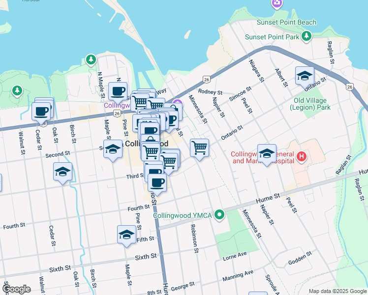 map of restaurants, bars, coffee shops, grocery stores, and more near 128 Saint Paul Street in Collingwood