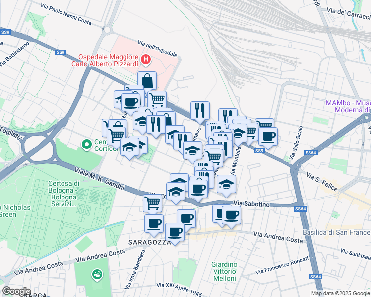 map of restaurants, bars, coffee shops, grocery stores, and more near 24 Via Gorizia in Bologna