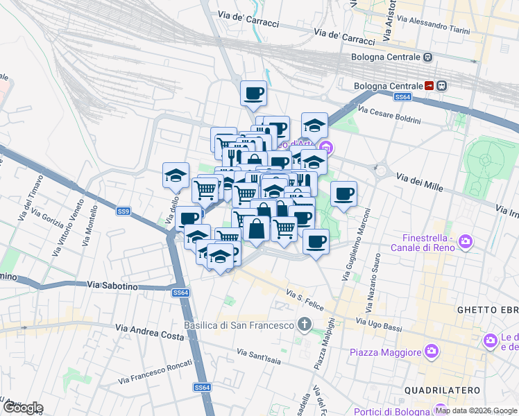 map of restaurants, bars, coffee shops, grocery stores, and more near 9 Via Luigi Calori in Bologna