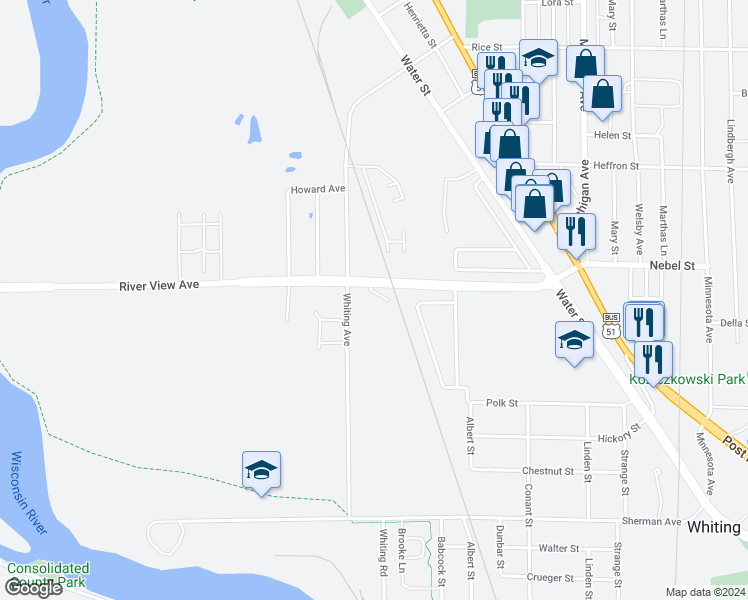 map of restaurants, bars, coffee shops, grocery stores, and more near 1717 River View Avenue in Stevens Point