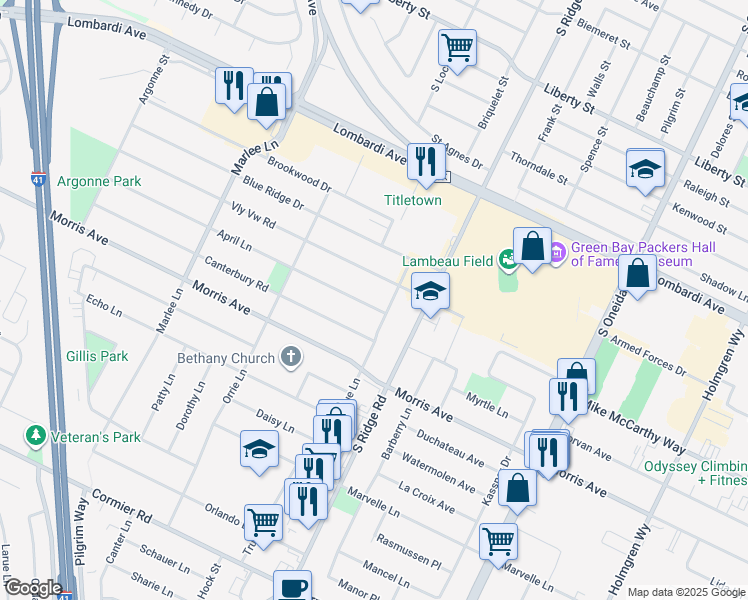 map of restaurants, bars, coffee shops, grocery stores, and more near 1066 April Lane in Green Bay