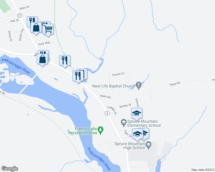 map of restaurants, bars, coffee shops, grocery stores, and more near 8 Forest Circle in Jay