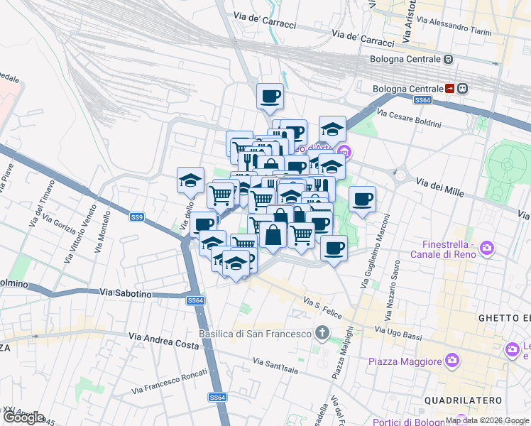map of restaurants, bars, coffee shops, grocery stores, and more near 9 Via Luigi Calori in Bologna