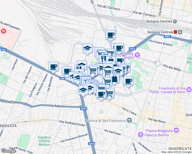 map of restaurants, bars, coffee shops, grocery stores, and more near 2 Viale Antonio Silvani in Bologna