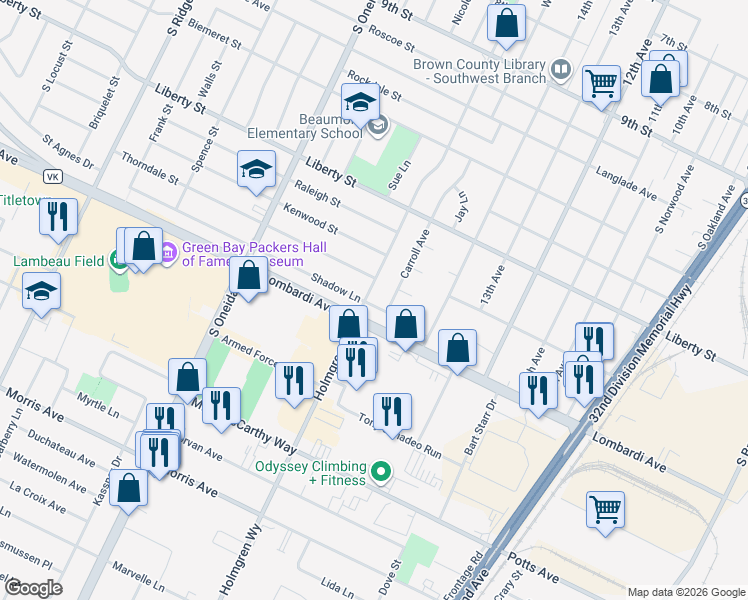 map of restaurants, bars, coffee shops, grocery stores, and more near 1827 Gross Avenue in Green Bay