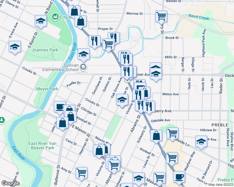 map of restaurants, bars, coffee shops, grocery stores, and more near 233 Oak Grove Ave in Green Bay