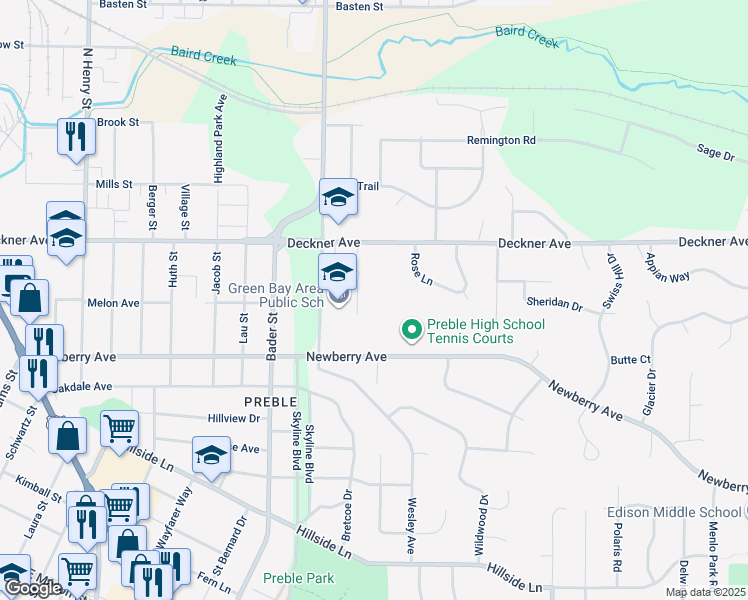 map of restaurants, bars, coffee shops, grocery stores, and more near 2222 Deckner Ave in Green Bay