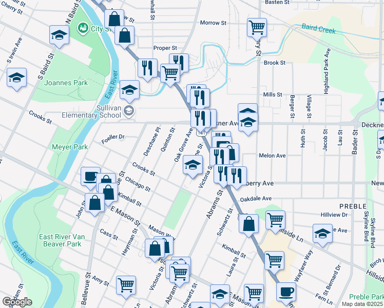 map of restaurants, bars, coffee shops, grocery stores, and more near 233 Oak Grove Avenue in Green Bay