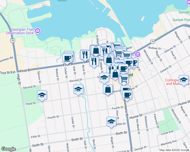 map of restaurants, bars, coffee shops, grocery stores, and more near 147 Second Street in Collingwood