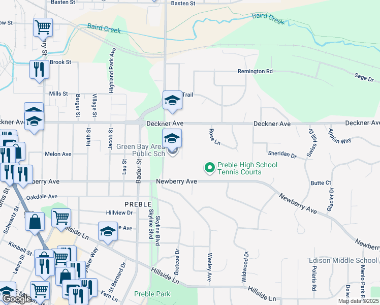 map of restaurants, bars, coffee shops, grocery stores, and more near 2222 Deckner Avenue in Green Bay