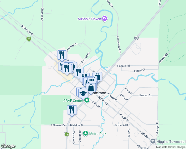 map of restaurants, bars, coffee shops, grocery stores, and more near Brooks Street in Roscommon