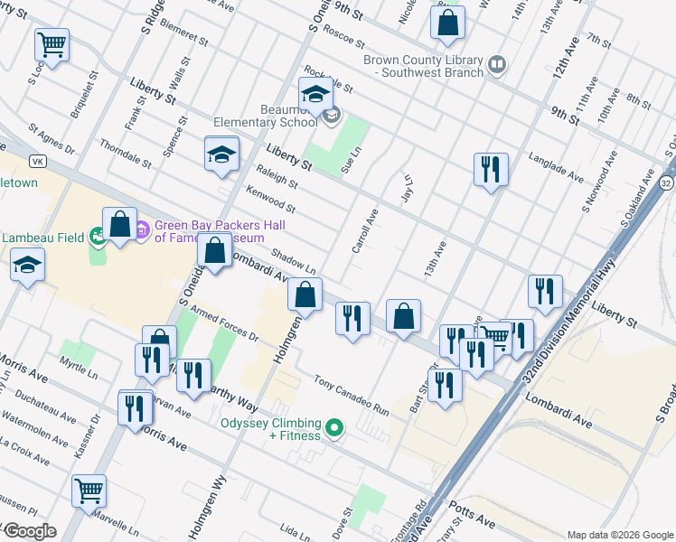 map of restaurants, bars, coffee shops, grocery stores, and more near 1827 Gross Avenue in Green Bay