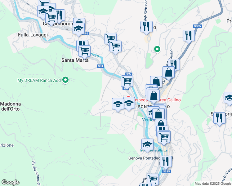 map of restaurants, bars, coffee shops, grocery stores, and more near 28 Via Campo di Tiro in Genova