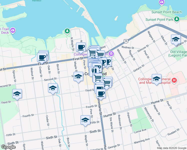 map of restaurants, bars, coffee shops, grocery stores, and more near in Collingwood