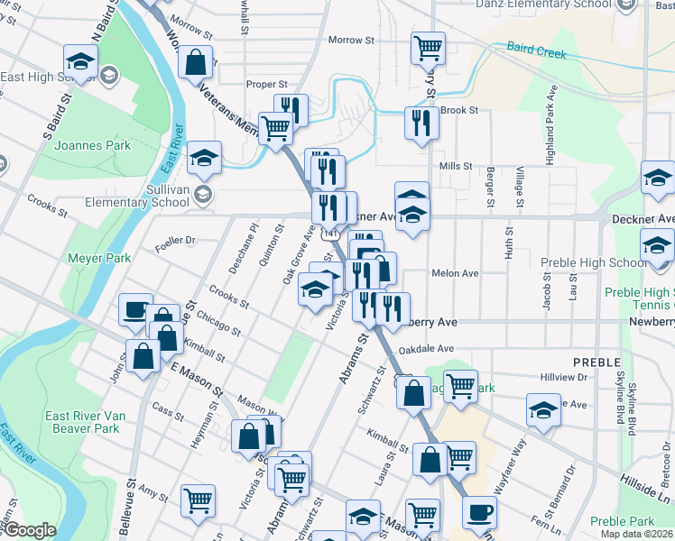 map of restaurants, bars, coffee shops, grocery stores, and more near 1672 Main Street in Green Bay