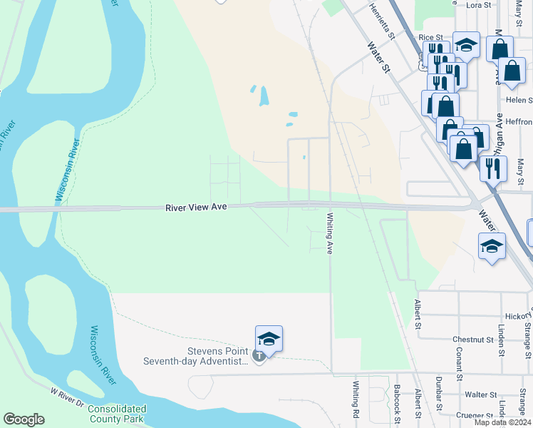 map of restaurants, bars, coffee shops, grocery stores, and more near 1401 River View Avenue in Stevens Point