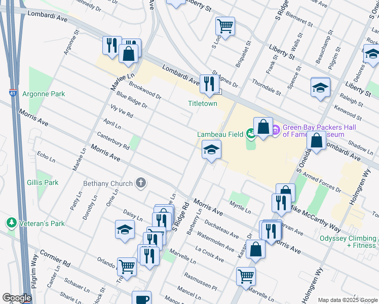 map of restaurants, bars, coffee shops, grocery stores, and more near 1066 April Lane in Green Bay