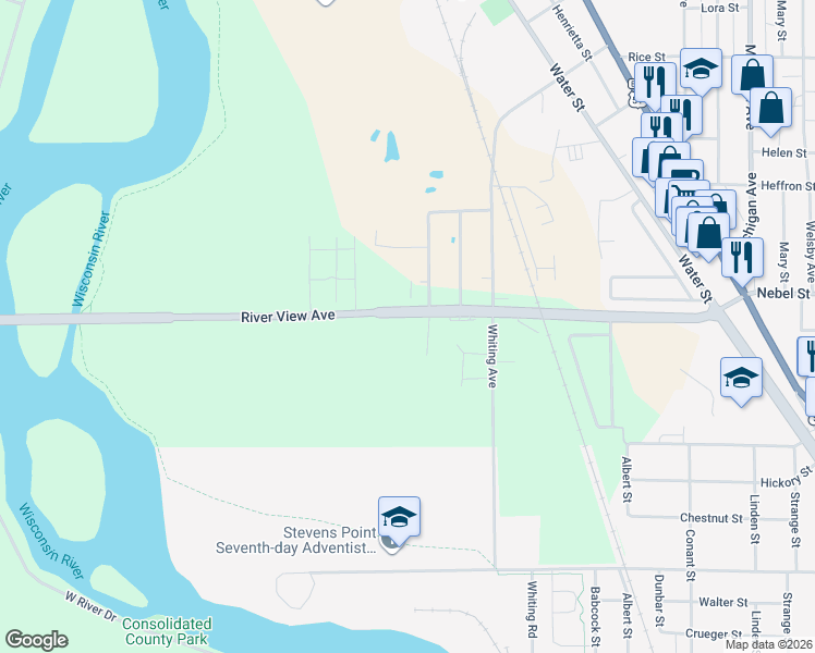 map of restaurants, bars, coffee shops, grocery stores, and more near 1409 River View Avenue in Stevens Point