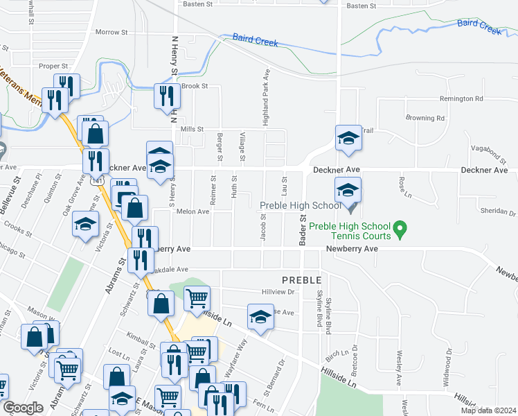 map of restaurants, bars, coffee shops, grocery stores, and more near 164 Jacob Street in Green Bay