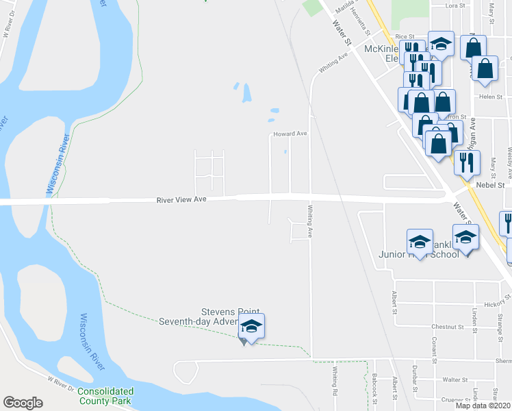 map of restaurants, bars, coffee shops, grocery stores, and more near 1401 River View Avenue in Stevens Point