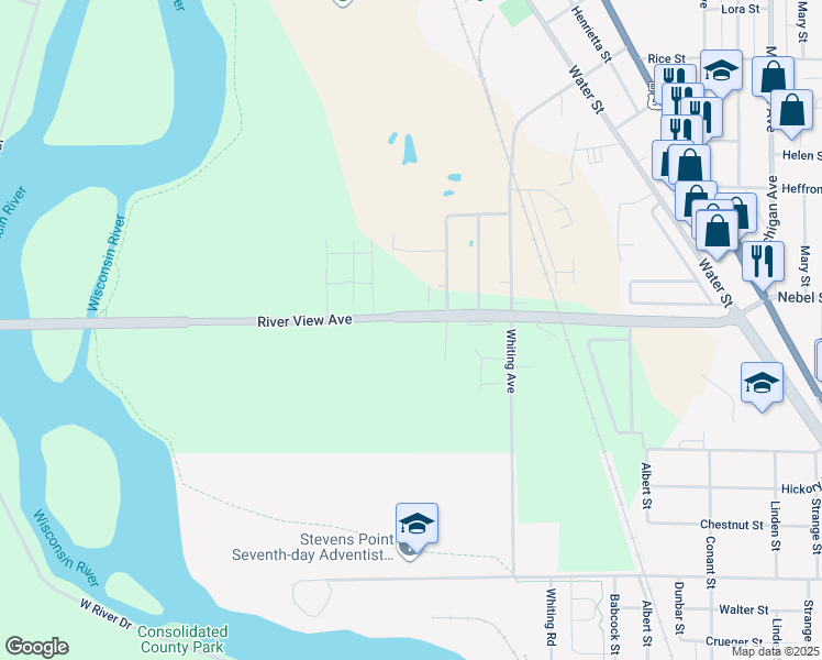 map of restaurants, bars, coffee shops, grocery stores, and more near 1401 River View Avenue in Stevens Point