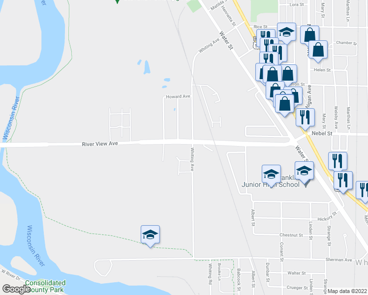 map of restaurants, bars, coffee shops, grocery stores, and more near 1615 River View Avenue in Stevens Point