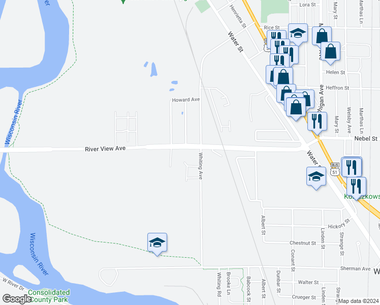 map of restaurants, bars, coffee shops, grocery stores, and more near 1607 River View Avenue in Stevens Point